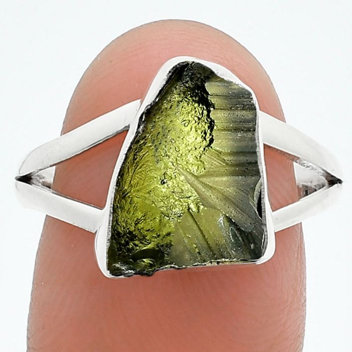 Genuine Czech Moldavite Rough Ring size-8.5 SDR245211 R-1002, 10x13 mm