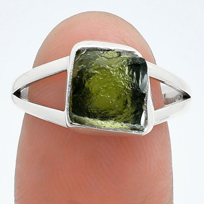 Genuine Czech Moldavite Rough Ring size-7.5 SDR245224 R-1002, 8x8 mm