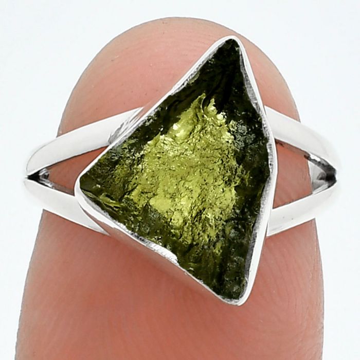 Genuine Czech Moldavite Rough Ring size-6 SDR245225 R-1002, 10x14 mm