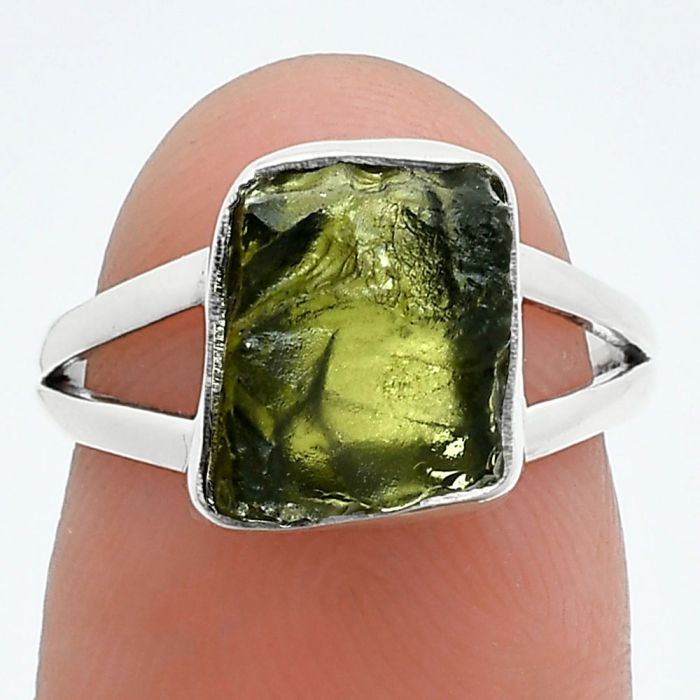 Genuine Czech Moldavite Rough Ring size-5.5 SDR245226 R-1002, 8x10 mm