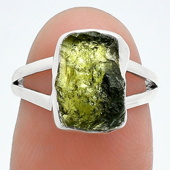 Genuine Czech Moldavite Rough Ring size-6 SDR245230 R-1002, 8x12 mm