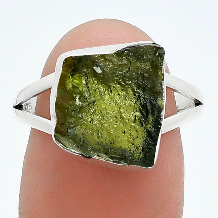 Genuine Czech Moldavite Rough Ring size-8.5 SDR245247 R-1002, 11x13 mm