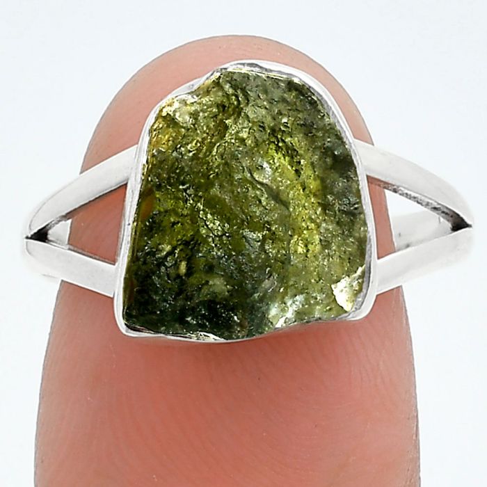 Genuine Czech Moldavite Rough Ring size-9 SDR245248 R-1002, 10x12 mm