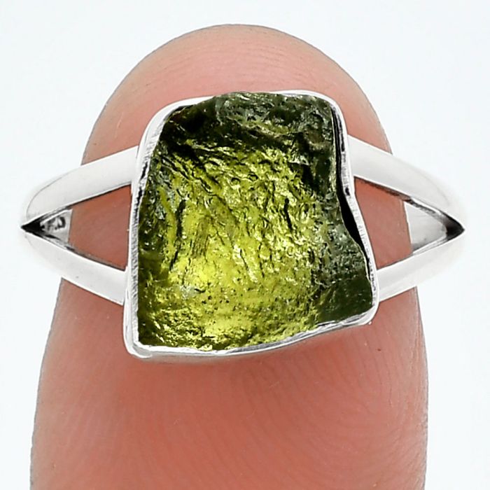 Genuine Czech Moldavite Rough Ring size-7.5 SDR245249 R-1002, 10x11 mm