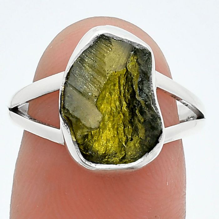 Genuine Czech Moldavite Rough Ring size-7.5 SDR245250 R-1002, 9x13 mm