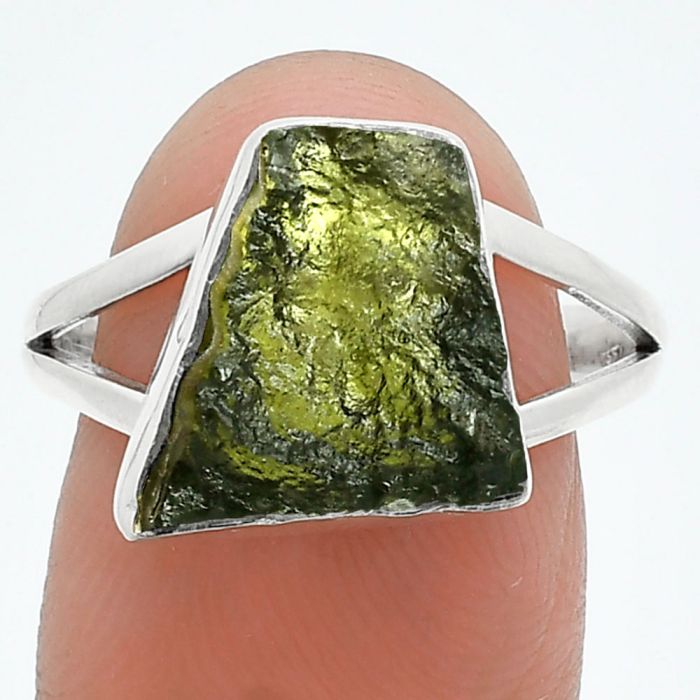 Genuine Czech Moldavite Rough Ring size-9 SDR245253 R-1002, 11x15 mm