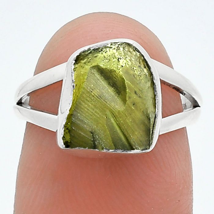 Genuine Czech Moldavite Rough Ring size-6 SDR245254 R-1002, 9x10 mm