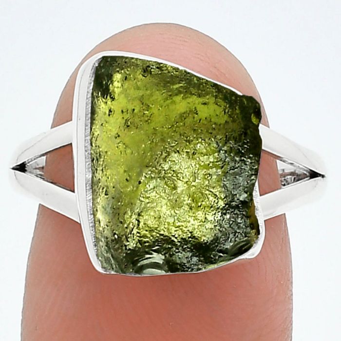 Genuine Czech Moldavite Rough Ring size-9 SDR245255 R-1002, 10x13 mm