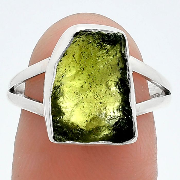 Genuine Czech Moldavite Rough Ring size-7.5 SDR245256 R-1002, 10x13 mm