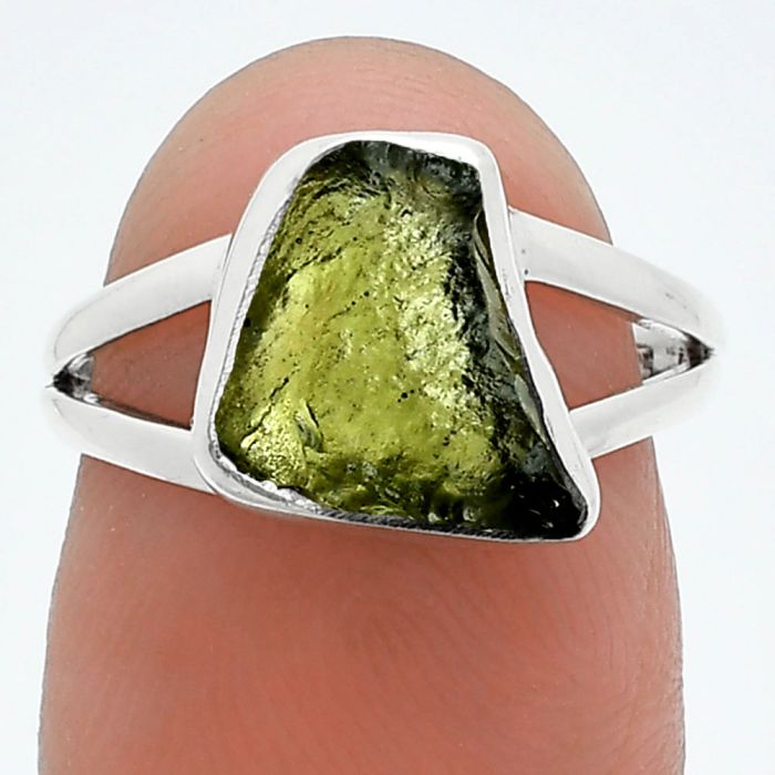 Genuine Czech Moldavite Rough Ring size-6 SDR245258 R-1002, 9x12 mm