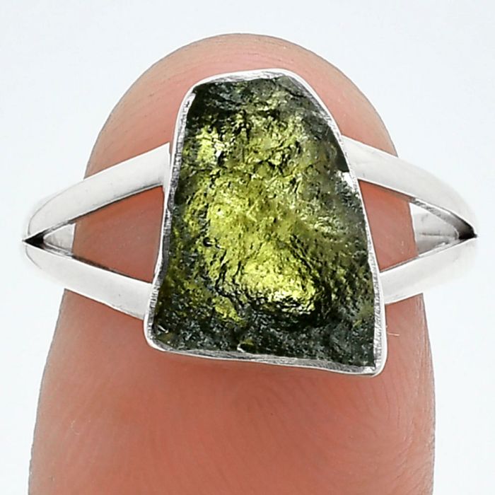 Genuine Czech Moldavite Rough Ring size-8 SDR245261 R-1002, 9x12 mm