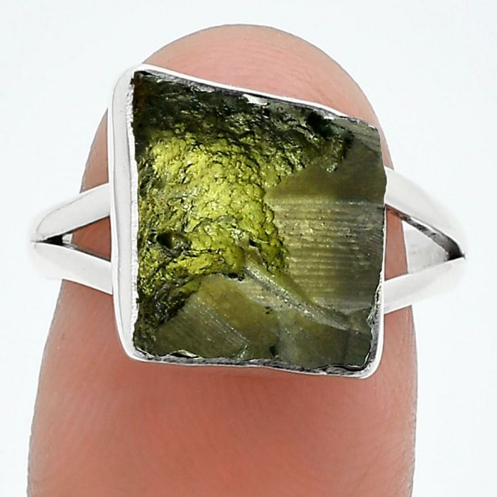 Genuine Czech Moldavite Rough Ring size-8 SDR245264 R-1002, 11x12 mm