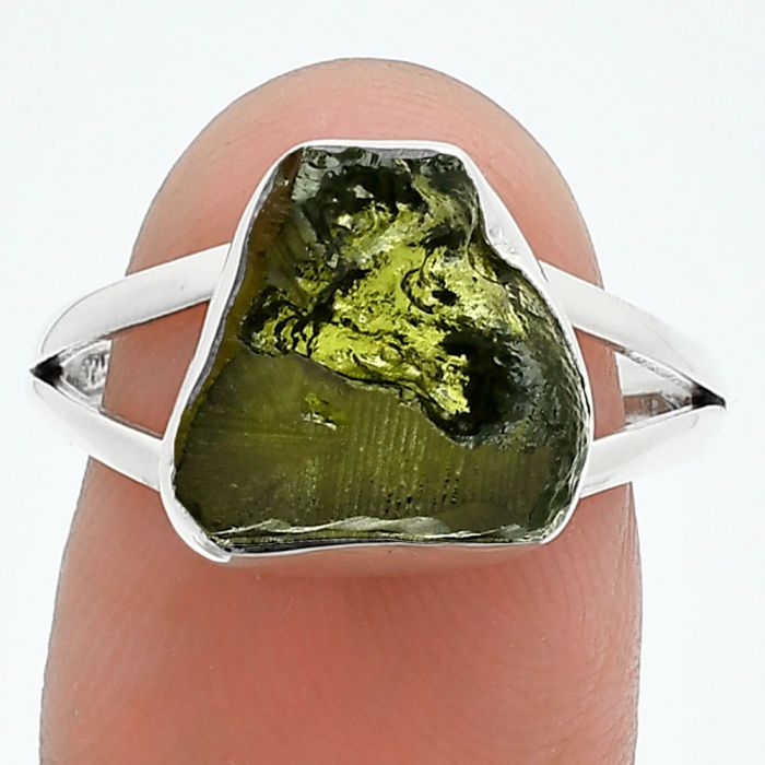 Genuine Czech Moldavite Rough Ring size-8.5 SDR245273 R-1002, 11x12 mm