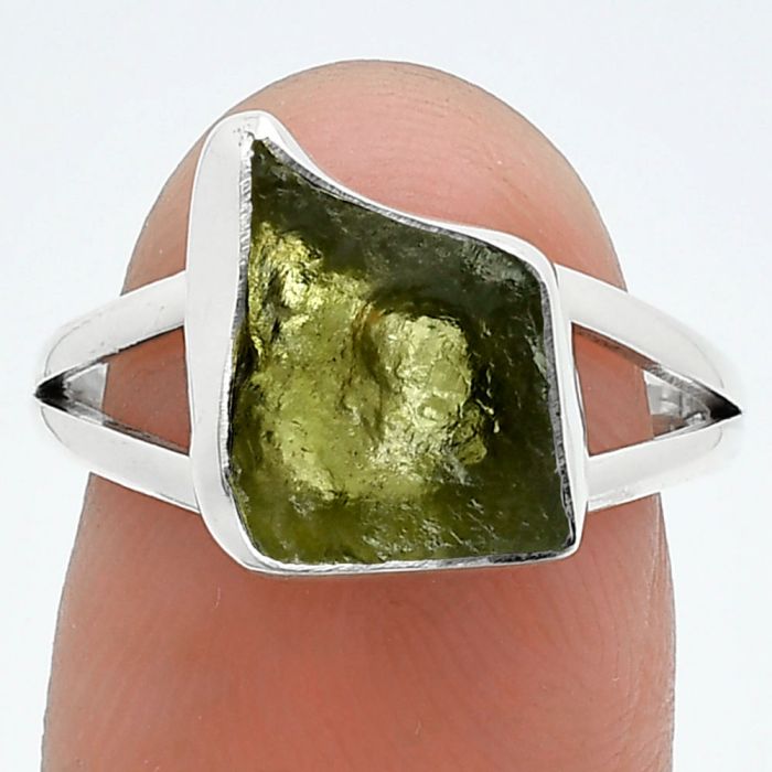 Genuine Czech Moldavite Rough Ring size-7.5 SDR245274 R-1002, 10x12 mm