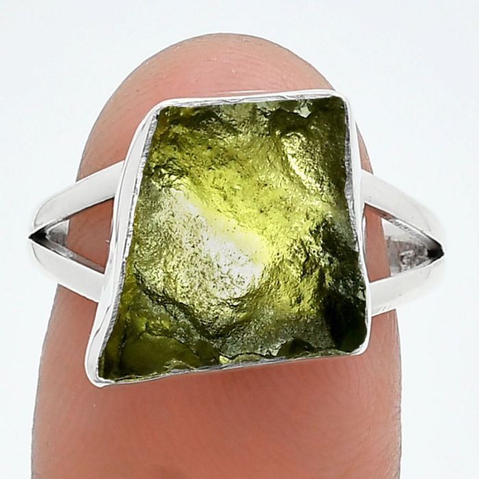 Genuine Czech Moldavite Rough Ring size-7.5 SDR245275 R-1002, 12x12 mm