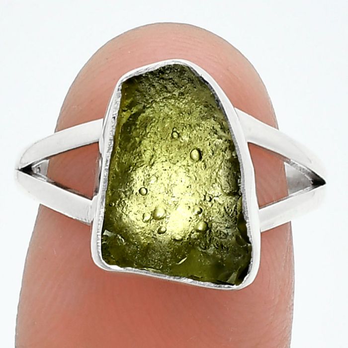 Genuine Czech Moldavite Rough Ring size-8 SDR245277 R-1002, 9x13 mm