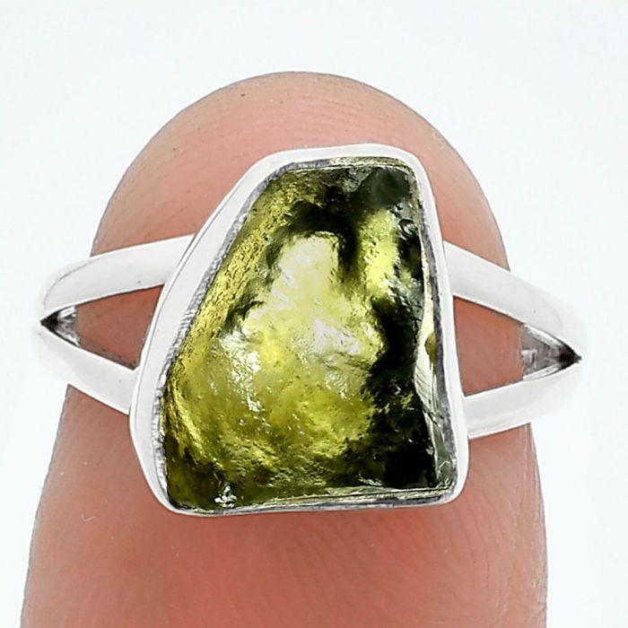 Genuine Czech Moldavite Rough Ring size-6 SDR245278 R-1002, 10x11 mm