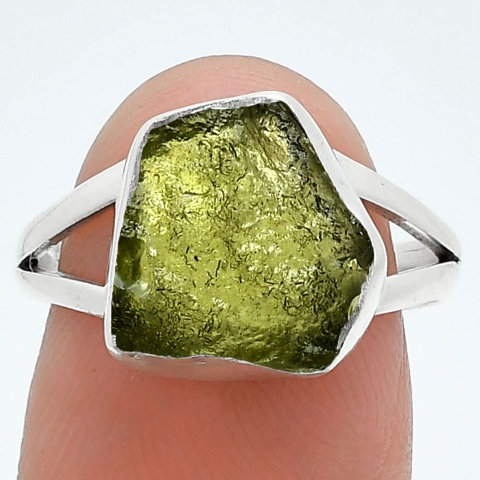 Genuine Czech Moldavite Rough Ring size-7.5 SDR245279 R-1002, 11x12 mm