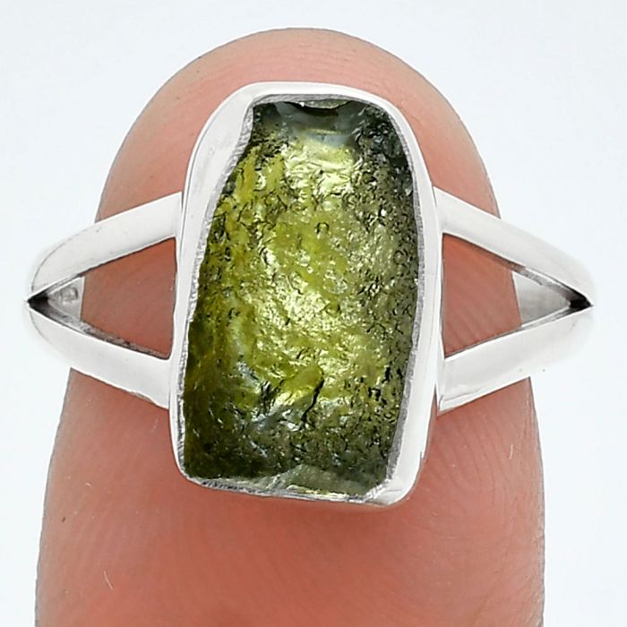 Genuine Czech Moldavite Rough Ring size-7.5 SDR245280 R-1002, 8x13 mm