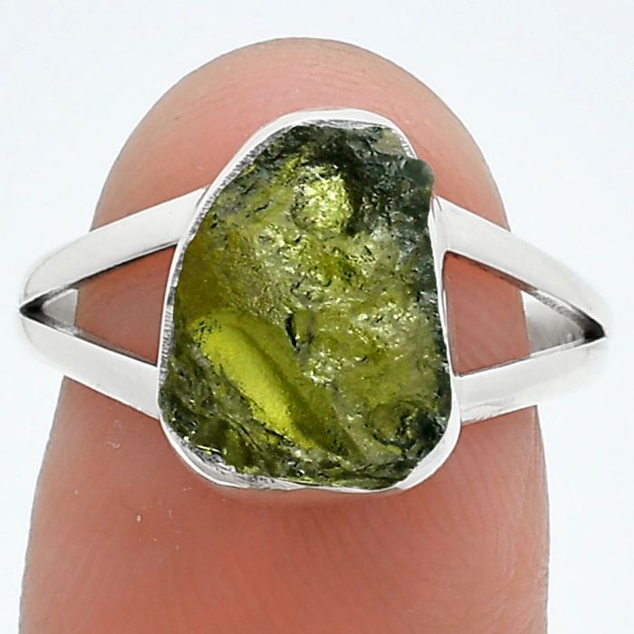 Genuine Czech Moldavite Rough Ring size-7.5 SDR245281 R-1002, 9x12 mm