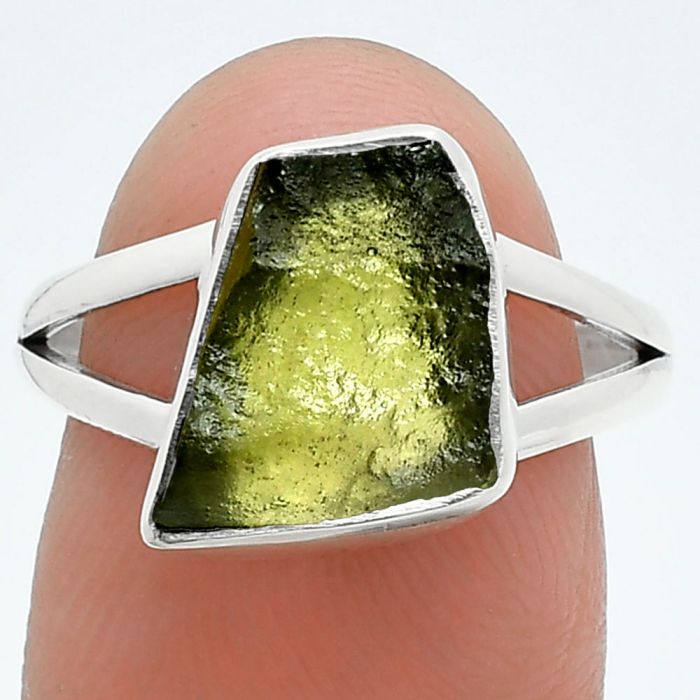 Genuine Czech Moldavite Rough Ring size-7.5 SDR245282 R-1002, 9x14 mm