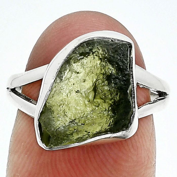 Genuine Czech Moldavite Rough Ring size-7 SDR245295 R-1002, 10x15 mm