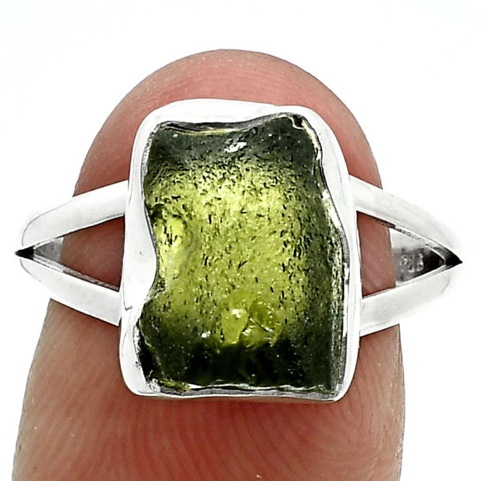 Genuine Czech Moldavite Rough Ring size-8.5 SDR245299 R-1002, 9x12 mm