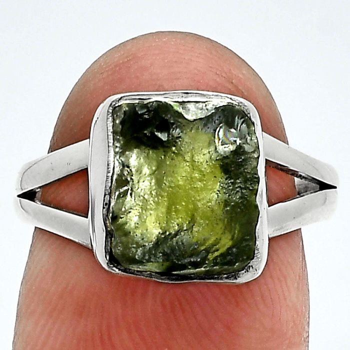 Genuine Czech Moldavite Rough Ring size-7 SDR245300 R-1002, 9x10 mm