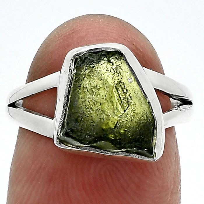 Genuine Czech Moldavite Rough Ring size-6.5 SDR245301 R-1002, 10x13 mm