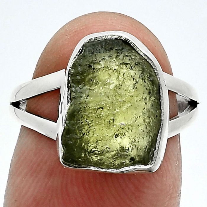 Genuine Czech Moldavite Rough Ring size-6.5 SDR245302 R-1002, 10x13 mm