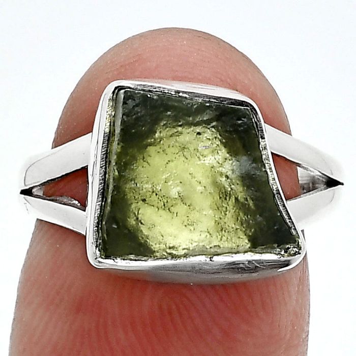 Genuine Czech Moldavite Rough Ring size-6.5 SDR245305 R-1002, 10x11 mm