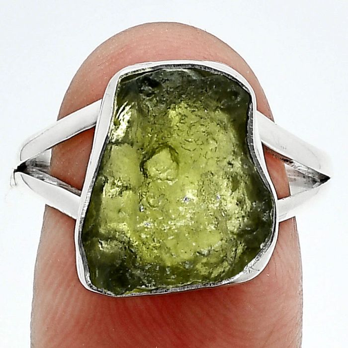 Genuine Czech Moldavite Rough Ring size-8.5 SDR245307 R-1002, 12x14 mm