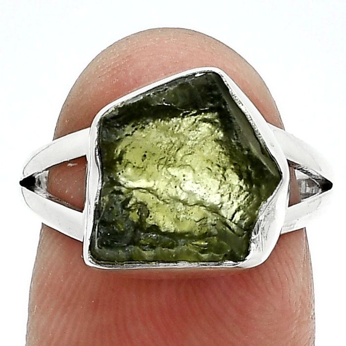 Genuine Czech Moldavite Rough Ring size-7 SDR245320 R-1002, 11x13 mm