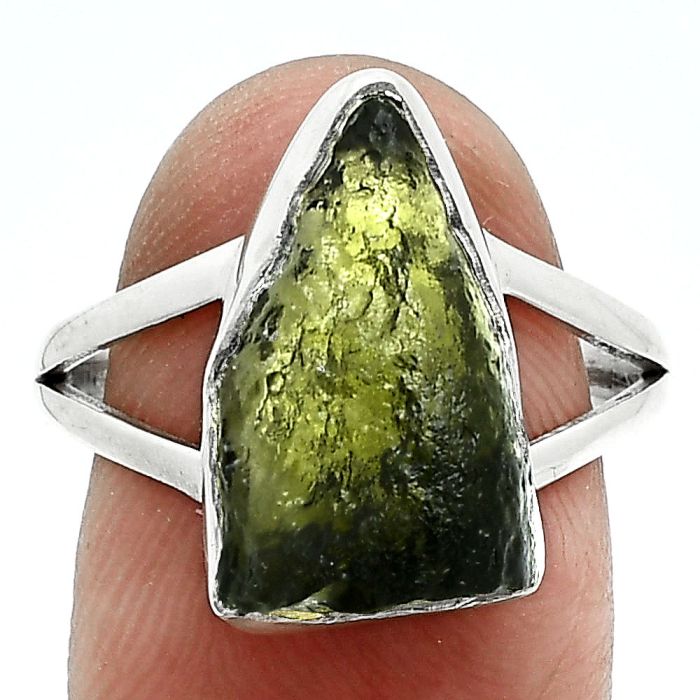 Genuine Czech Moldavite Rough Ring size-8.5 SDR245325 R-1002, 10x17 mm