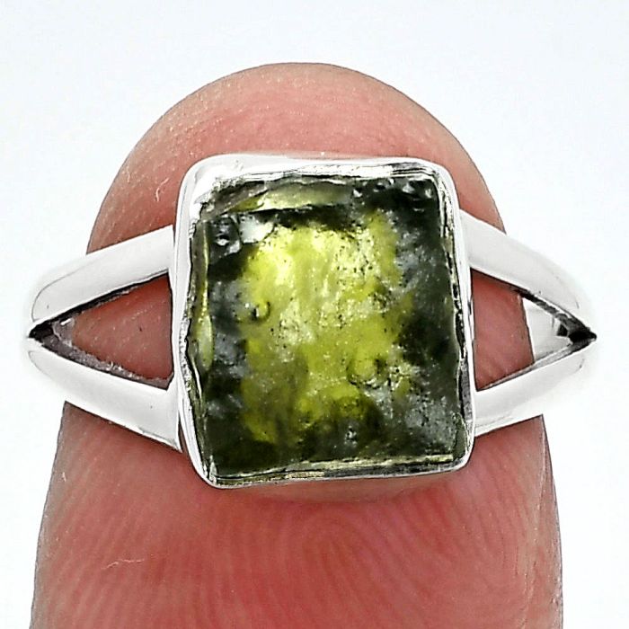 Genuine Czech Moldavite Rough Ring size-6.5 SDR245326 R-1002, 9x11 mm