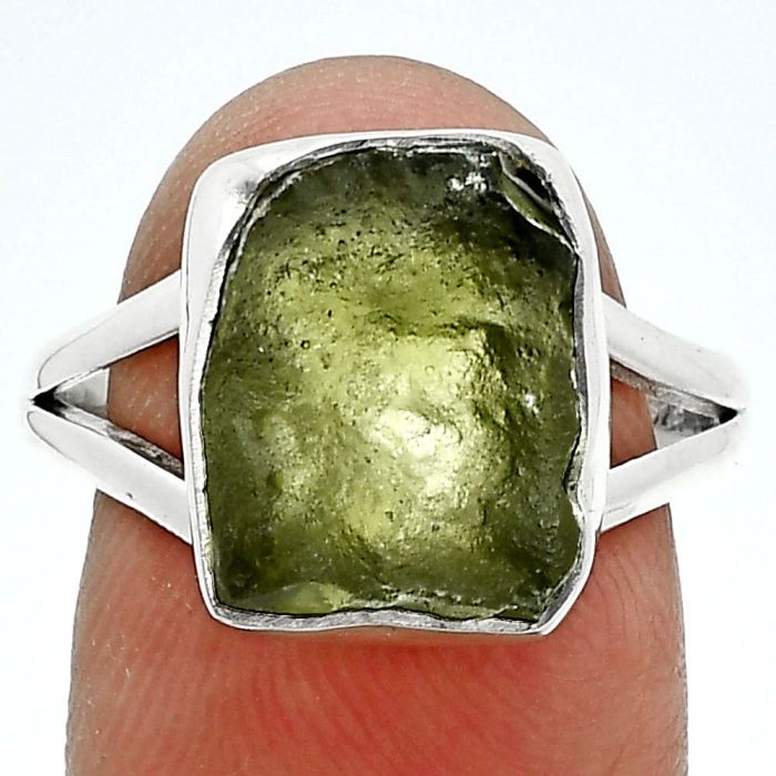 Genuine Czech Moldavite Rough Ring size-8.5 SDR245329 R-1002, 11x13 mm