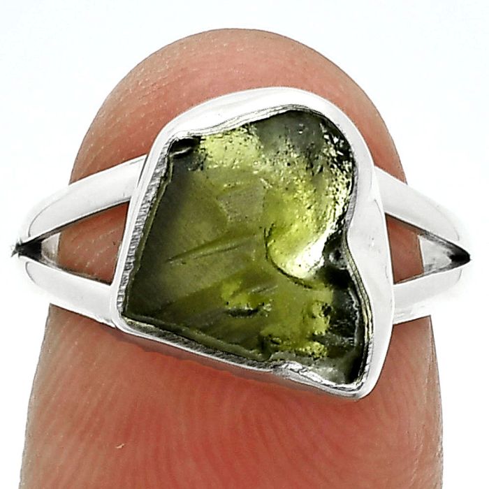 Genuine Czech Moldavite Rough Ring size-6.5 SDR245330 R-1002, 10x12 mm