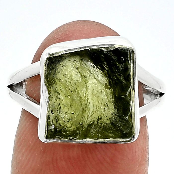 Genuine Czech Moldavite Rough Ring size-8.5 SDR245332 R-1002, 11x12 mm