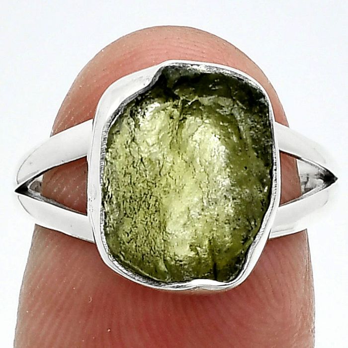 Genuine Czech Moldavite Rough Ring size-6.5 SDR245335 R-1002, 10x12 mm