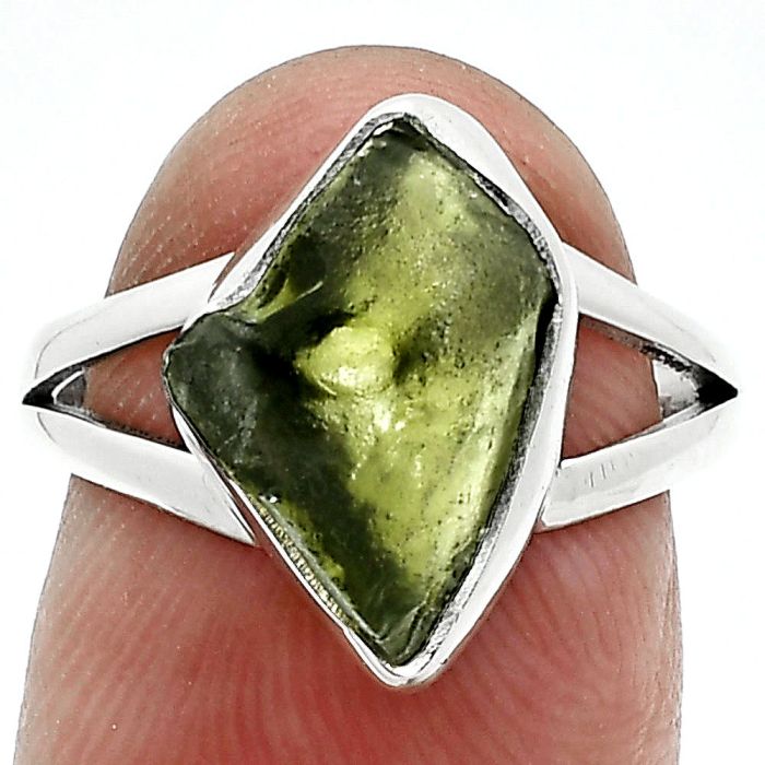 Genuine Czech Moldavite Rough Ring size-6.5 SDR245337 R-1002, 9x14 mm