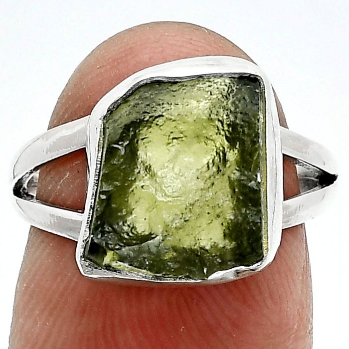 Genuine Czech Moldavite Rough Ring size-6.5 SDR245338 R-1002, 10x12 mm