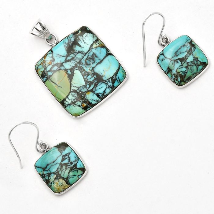 Lucky Charm Tibetan Turquoise Pendant Earrings Set SDT02526 T-1001