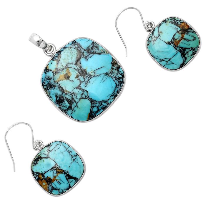 Lucky Charm Tibetan Turquoise Pendant Earrings Set SDT02741 T-1001, 26x26 mm