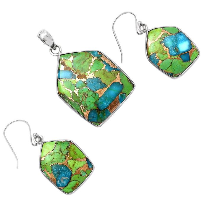 Blue Turquoise In Green Mohave Pendant Earrings Set SDT02934 T-1001, 22x29 mm