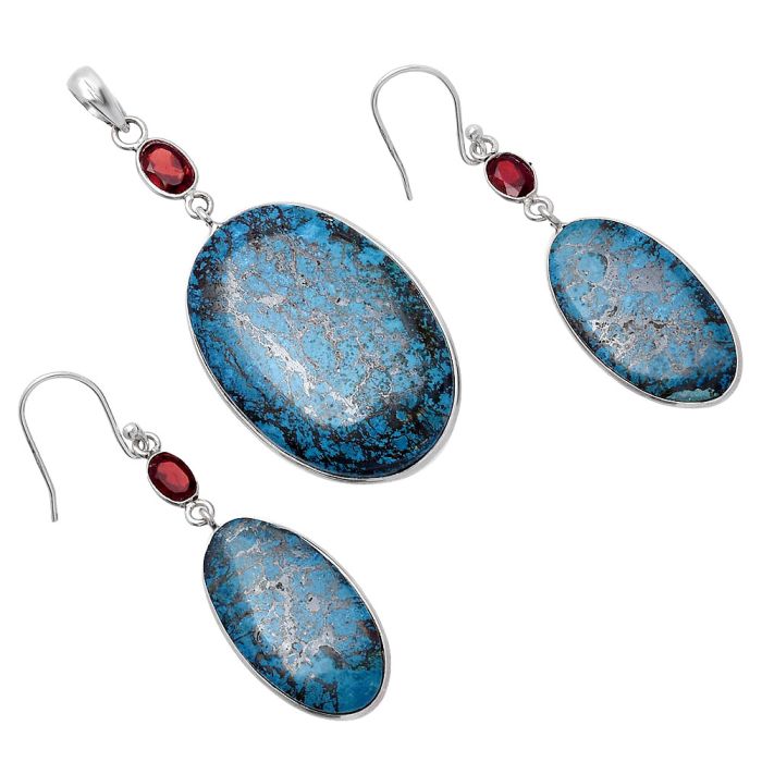 Shattuckite and Garnet Pendant Earrings Set SDT03062 T-1010, 23x34 mm