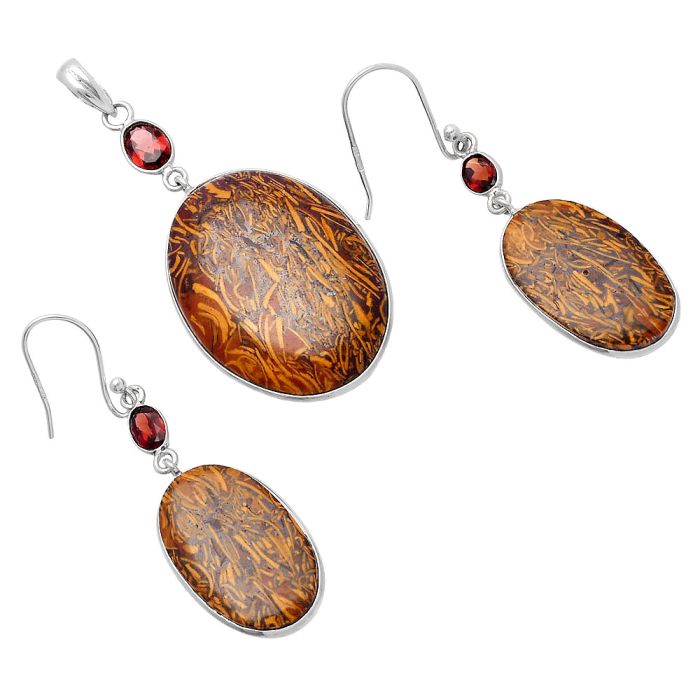 Coquina Fossil Jasper and Garnet Pendant Earrings Set SDT03071 T-1010, 22x32 mm