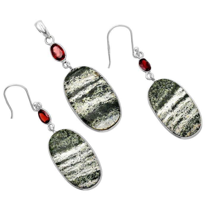 Natural Chrysotile and Garnet Pendant Earrings Set SDT03078 T-1010, 14x24 mm