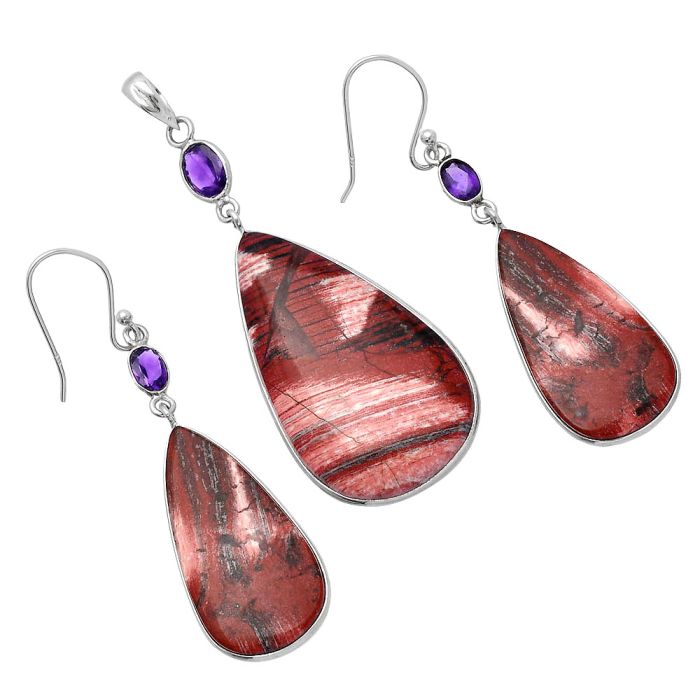 Snake Skin Jasper and Amethyst Pendant Earrings Set SDT03087 T-1010, 21x38 mm