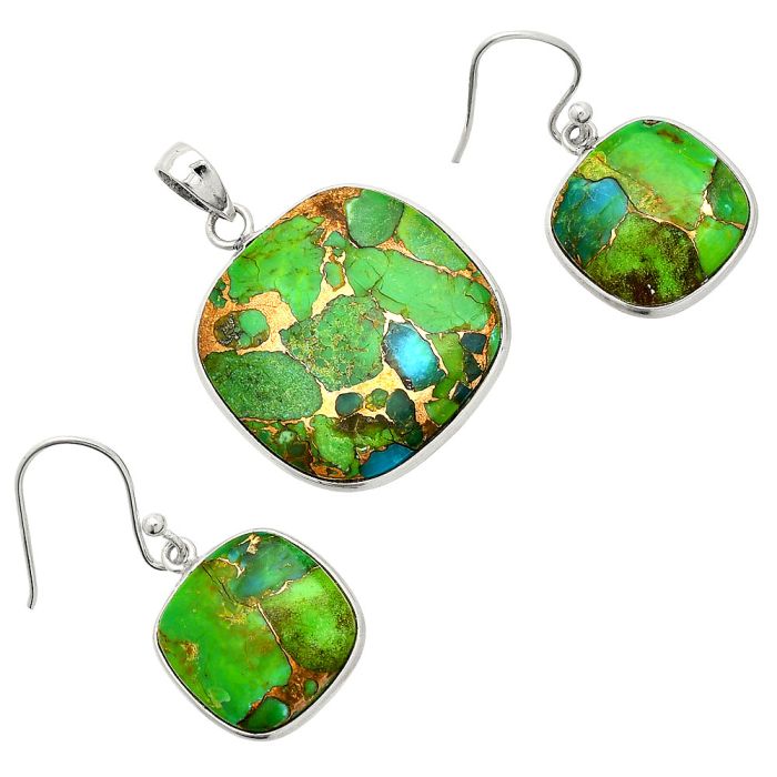 Blue Turquoise In Green Mohave Pendant Earrings Set SDT03225 T-1001, 22x22 mm