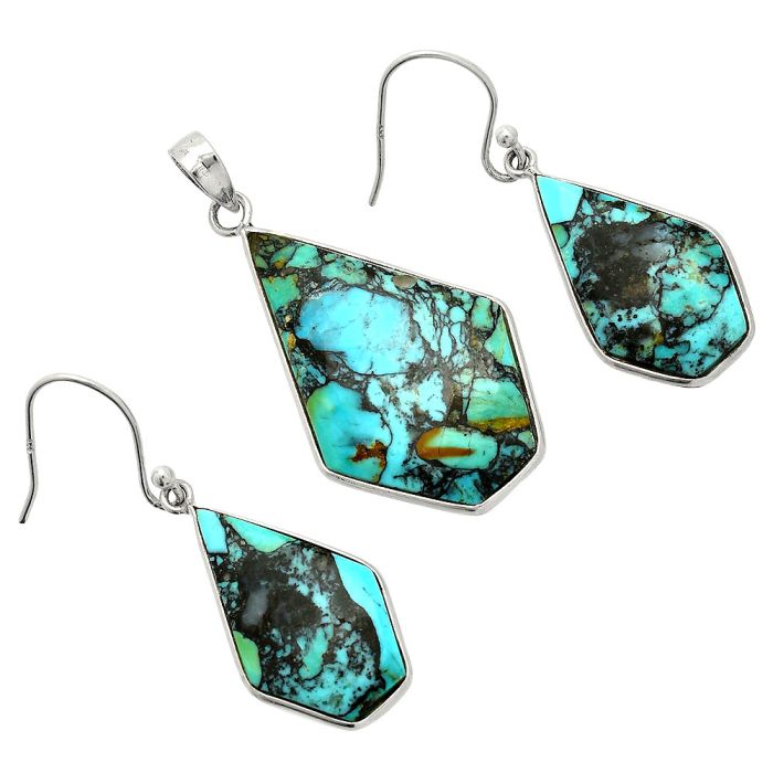 Lucky Charm Tibetan Turquoise Pendant Earrings Set SDT03269 T-1001, 19x31 mm